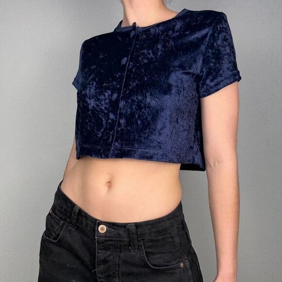 Blue velvety button up vintage short sleeve cardigan festive top - Picture 6 of 7